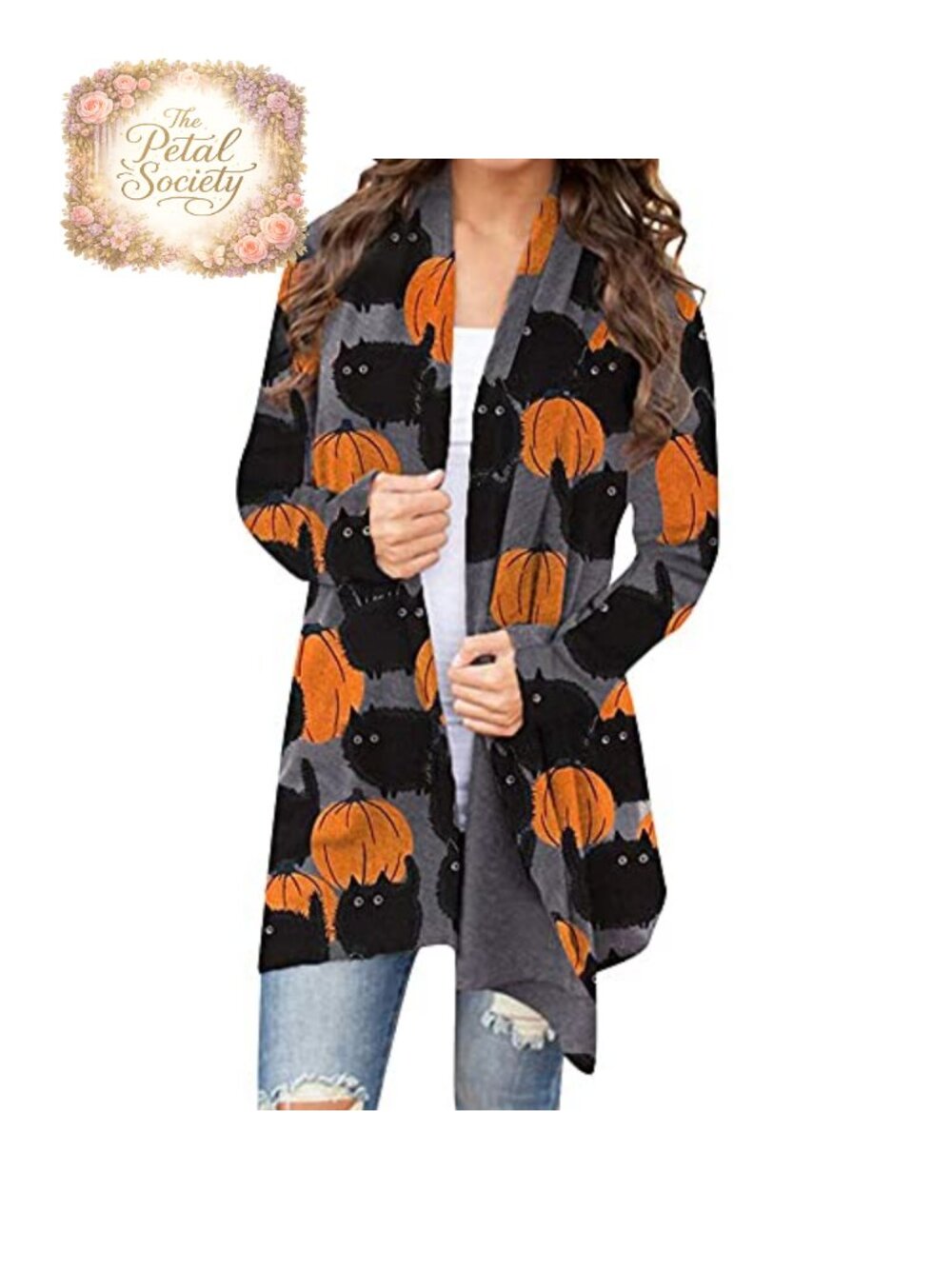 Women's Halloween Cat Pumpkin Knit Cardigan Long Sleeve Open Front